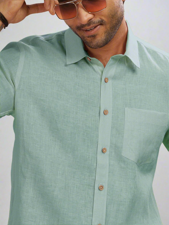 Harvey - Pure Linen Half Sleeve Shirt - Aqua Green