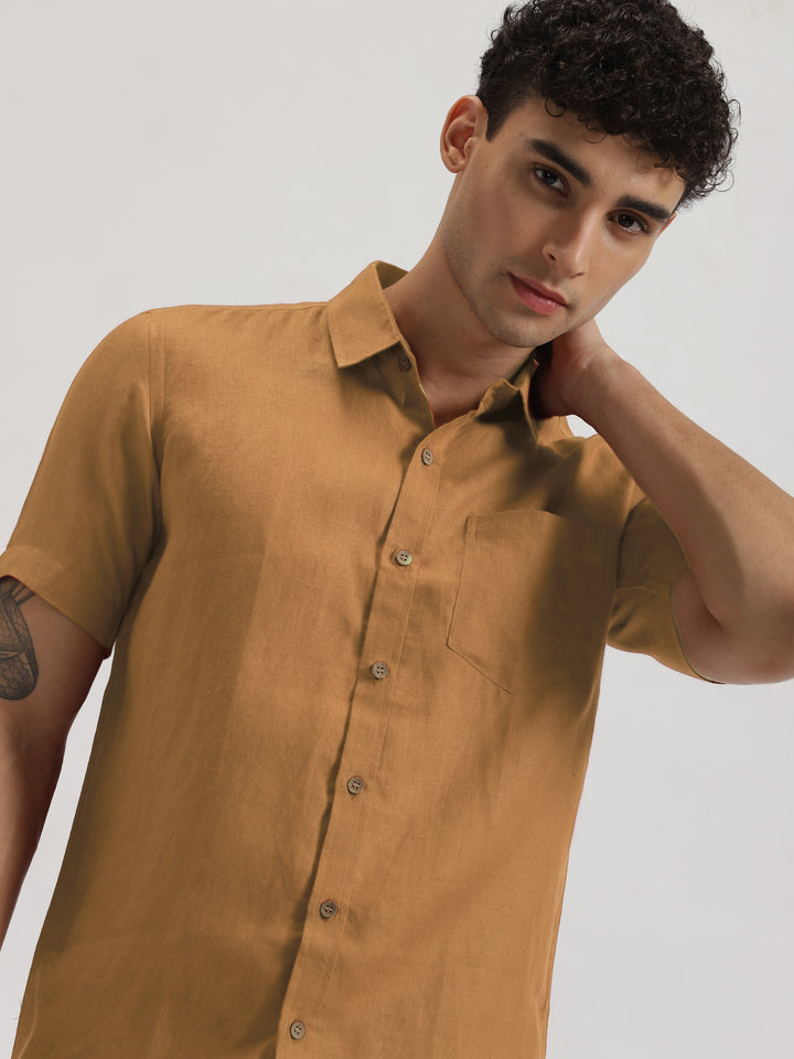 Harvey - Pure Linen Half Sleeve Shirt - Mustard Brown