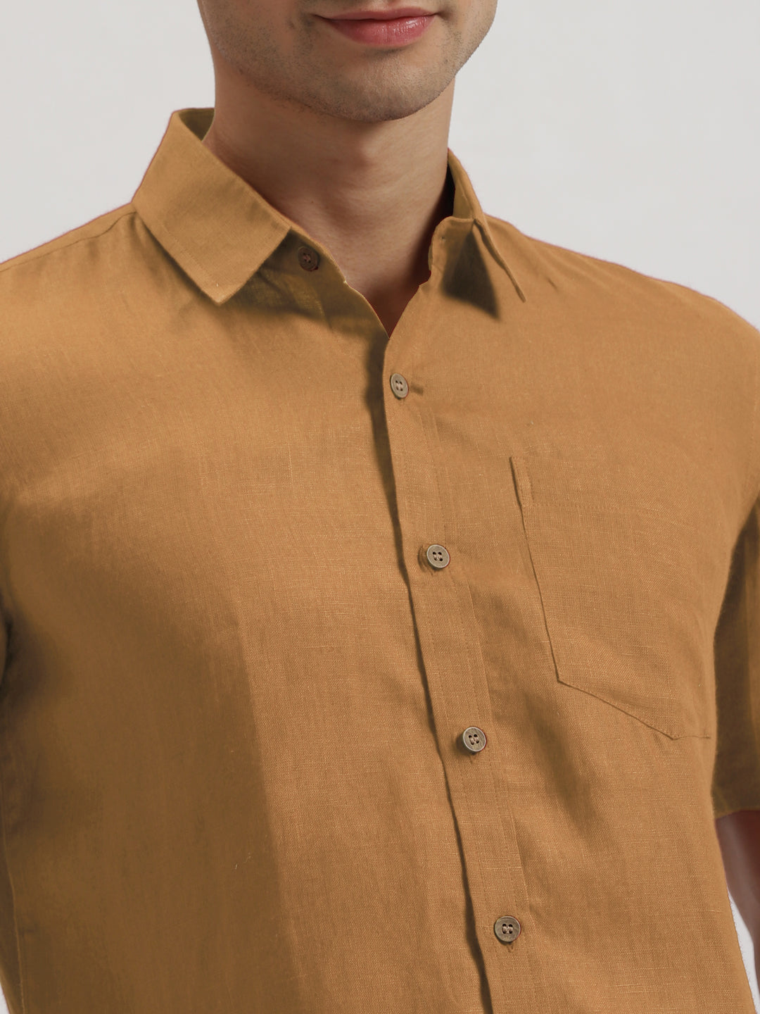 Harvey - Pure Linen Half Sleeve Shirt - Mustard Brown