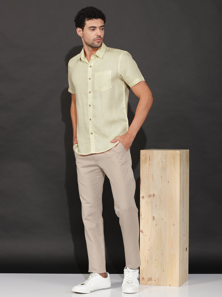 Harvey - Pure Linen Half Sleeve Shirt - Pistachio Yellow