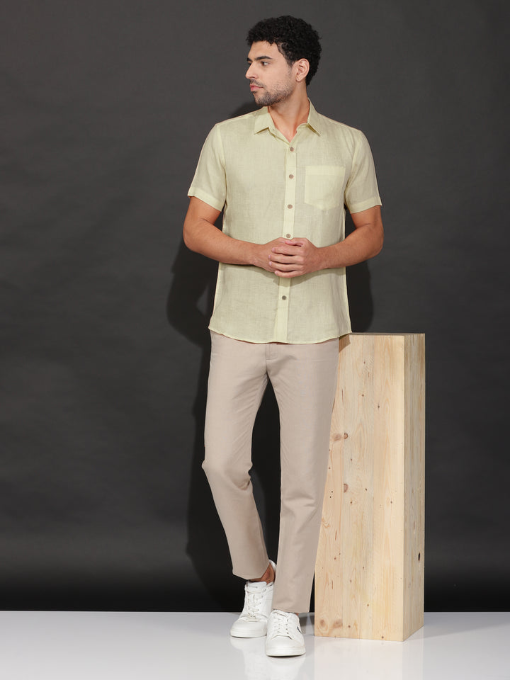 Harvey - Pure Linen Half Sleeve Shirt - Pistachio Yellow