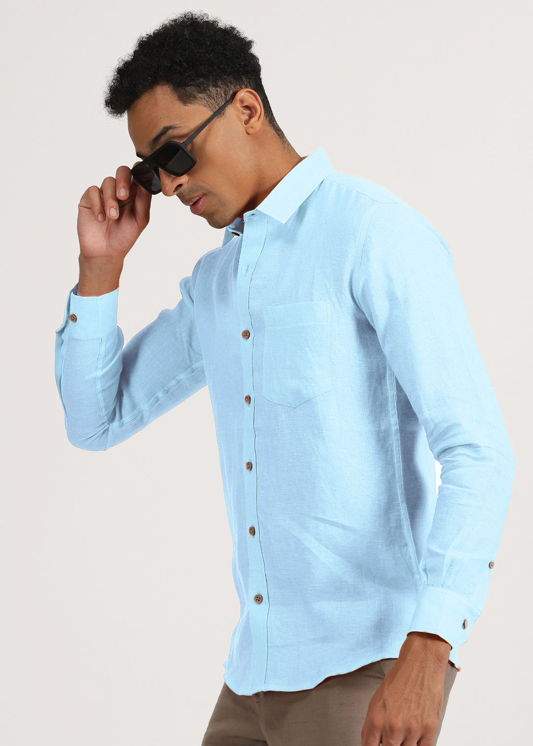 Harvey 100% Pure Linen Full Sleeve Shirt in Sky Blue with Regular Collar crafted in 60 LEA