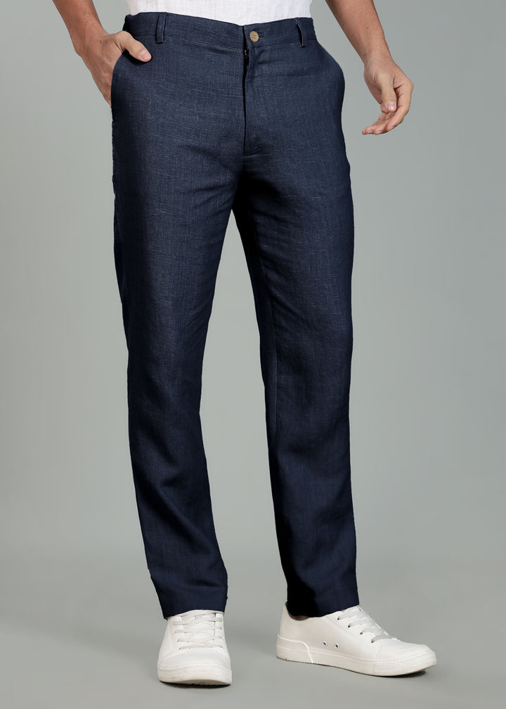 Ian Pure Linen Trousers - Navy Blue