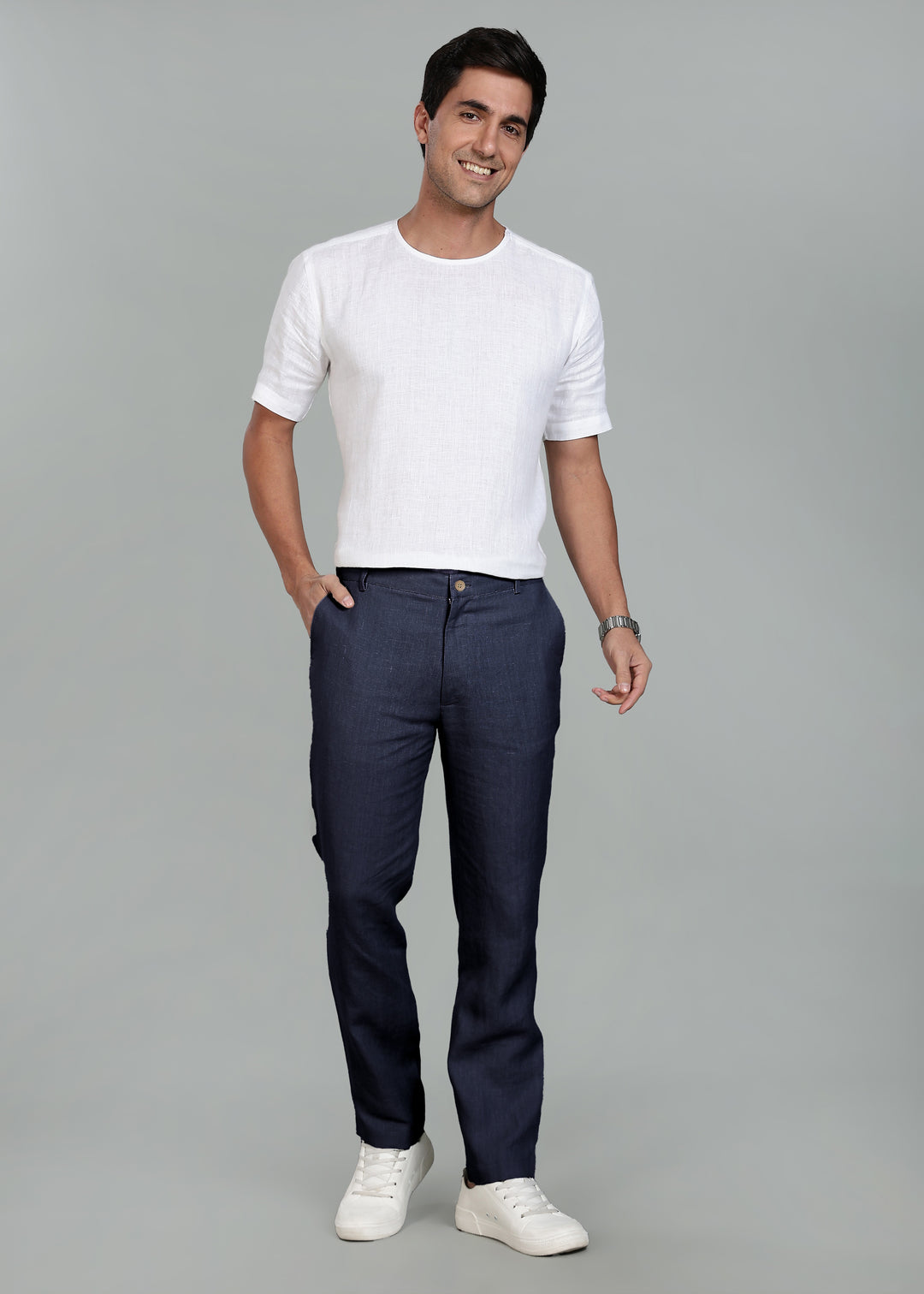 Ian Pure Linen Trousers - Navy Blue