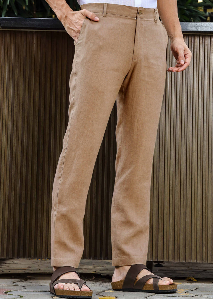 Ian Pure Linen Trousers - Light Hazelnut Brown (Factory Rescue)