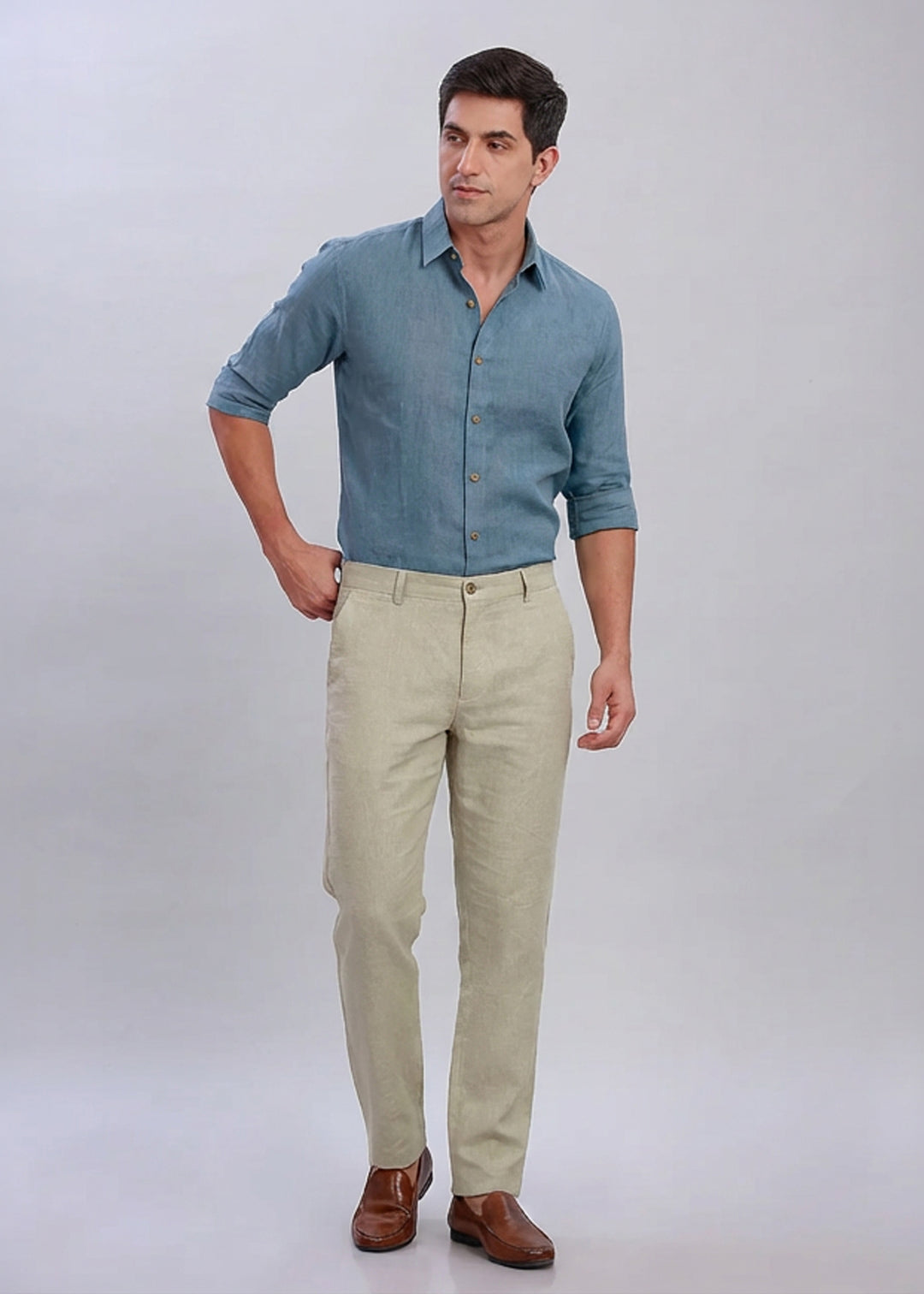Blue Stone Formal Office Set - Ron Full Sleeve Shirt Blue Grey and Ian Ecru Trousers