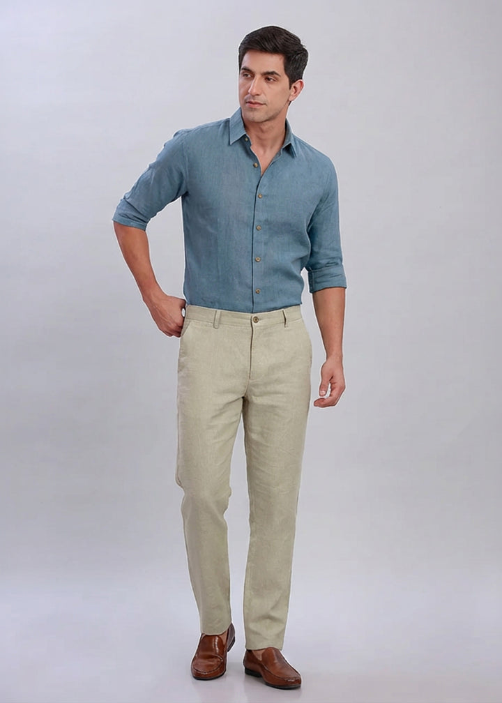 Blue Stone Formal Office Set - Ron Full Sleeve Shirt Blue Grey and Ian Ecru Trousers