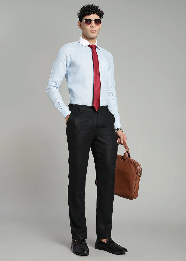 Bruce - Pure Linen Full Sleeve Contrast Regular Collar Shirt - Sky Blue