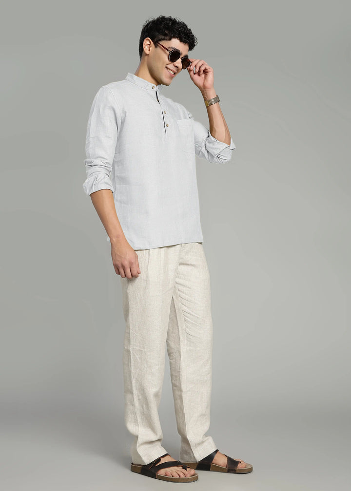 Samir - Pure Linen Full Sleeve Short Kurta Shirt with Cuff - White