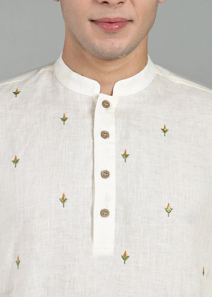 Kathir - Full Sleeve Mandarin Collar Pure Linen Embroidered Mid Kurta - Yellow on Creme White