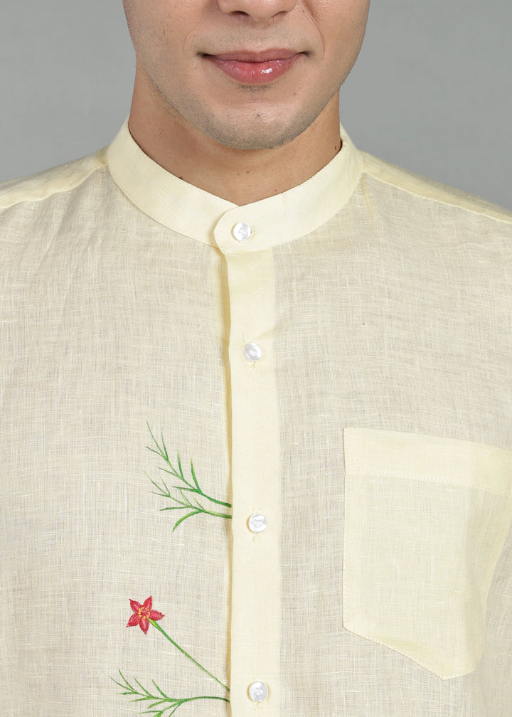 Hand-Painted Chethi - Pure Linen Half Sleeve Mandarin Collar Shirt - Light Yellow
