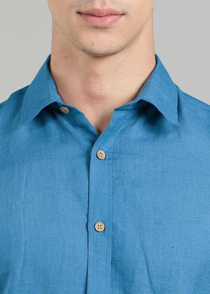 Ron - Pure Linen Full Sleeve Shirt - Swedish Blue