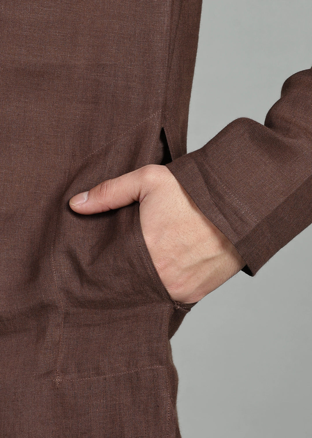 Tantu - Full Sleeve Mandarin Collar Pure Linen Mid Kurta With Kasavu Inset Detail - Coffee Brown