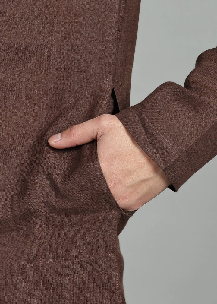 Tantu - Full Sleeve Mandarin Collar Pure Linen Mid Kurta With Kasavu Inset Detail - Coffee Brown