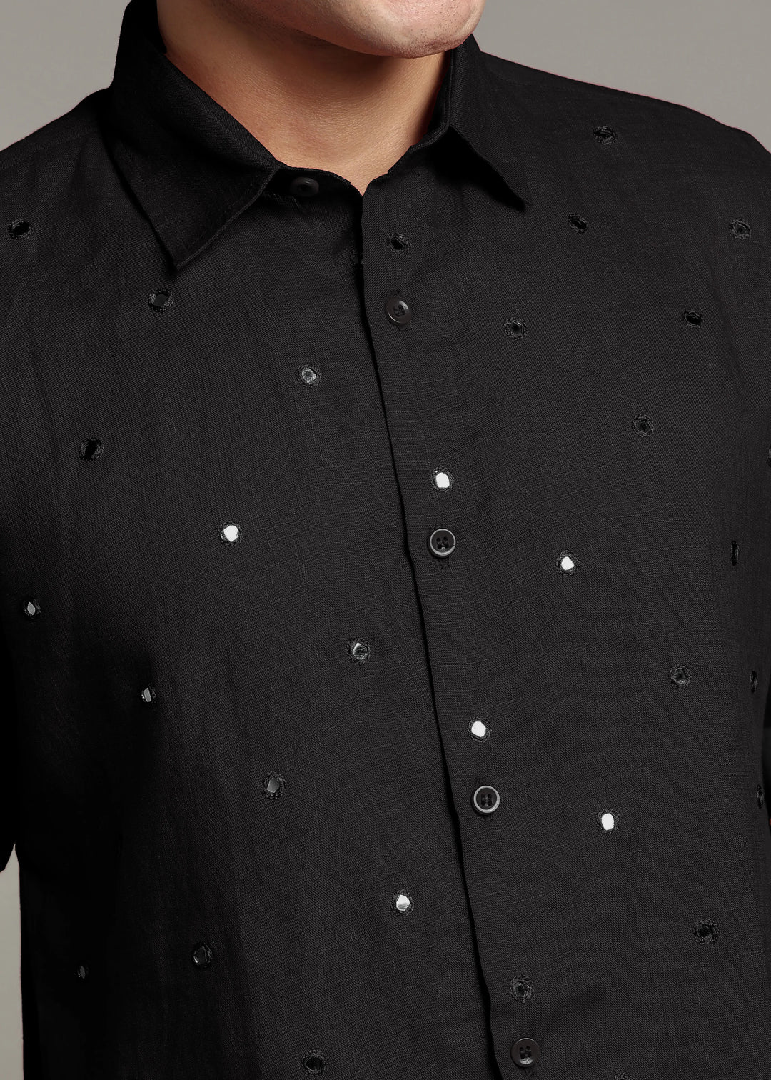 Aaina - Pure Linen Mirror Embroidered Half Sleeve Shirt - Black