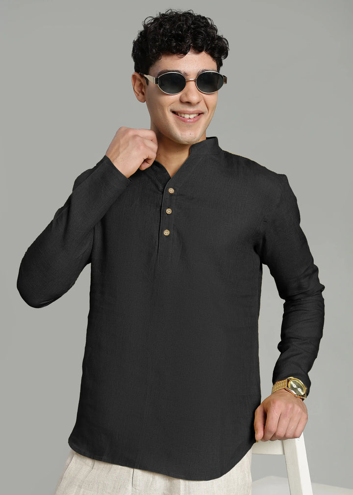 Zaeden - Pure Linen V Neck Full Sleeve Short Kurta Shirt - Black