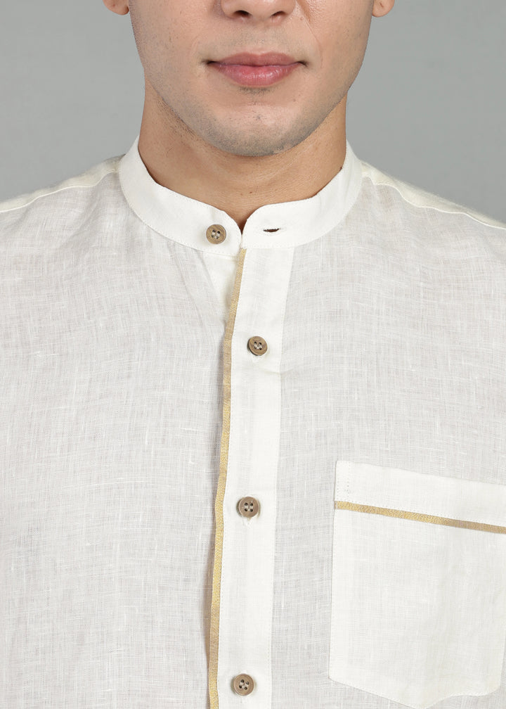 Kiran - Full Sleeve Shirt with Kasavu Inset Detail  - Creme White