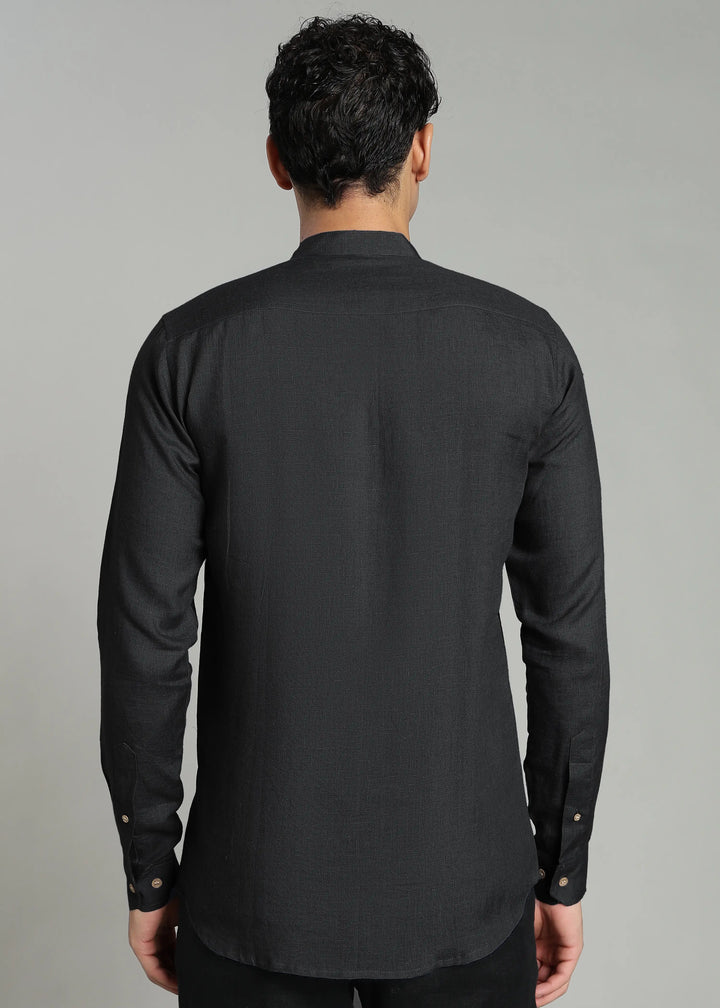 Aaron - Pure Linen Mandarin Collar Full Sleeve Shirt With Front Pocket - Black
