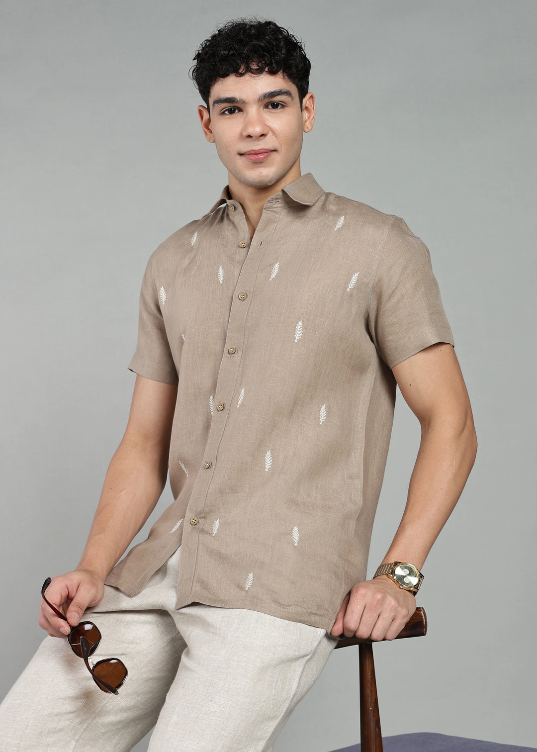 Touch Me Not - Pure Linen Half Sleeve Hand Embroidered Shirt - Stone Brown