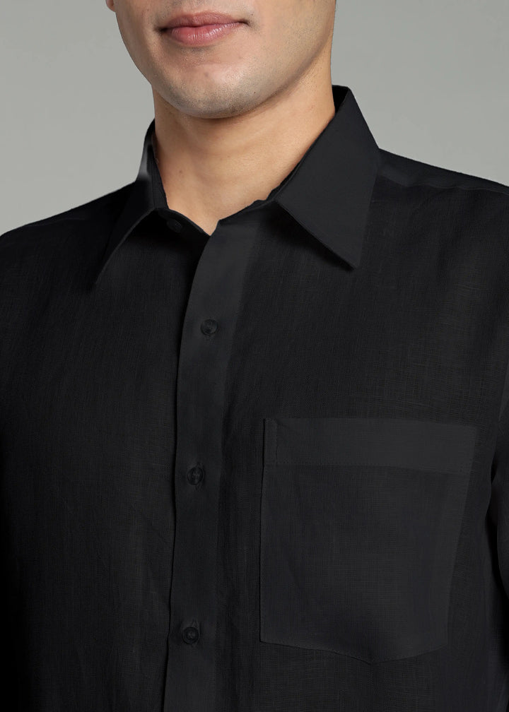 Victor - Pure Linen Full Sleeve Shirt With Box Pleat - Black