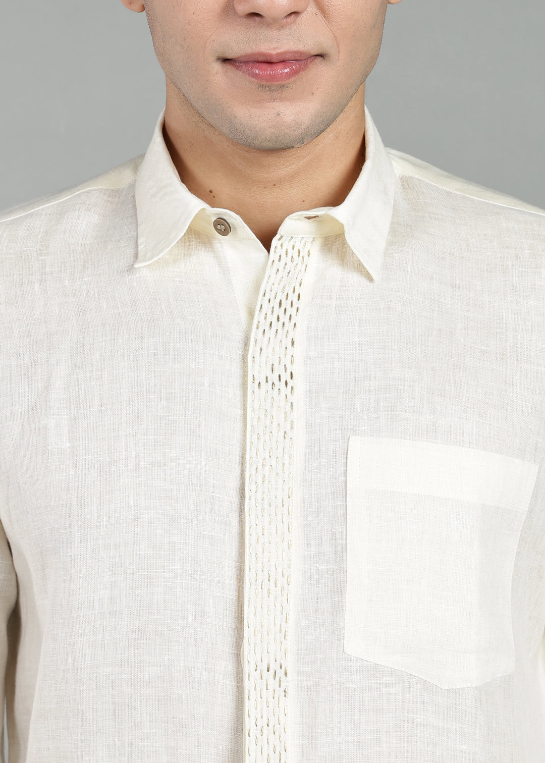 Grove - Full Sleeve Shirt with Hand Embroidered Concealed Placket - Creme White