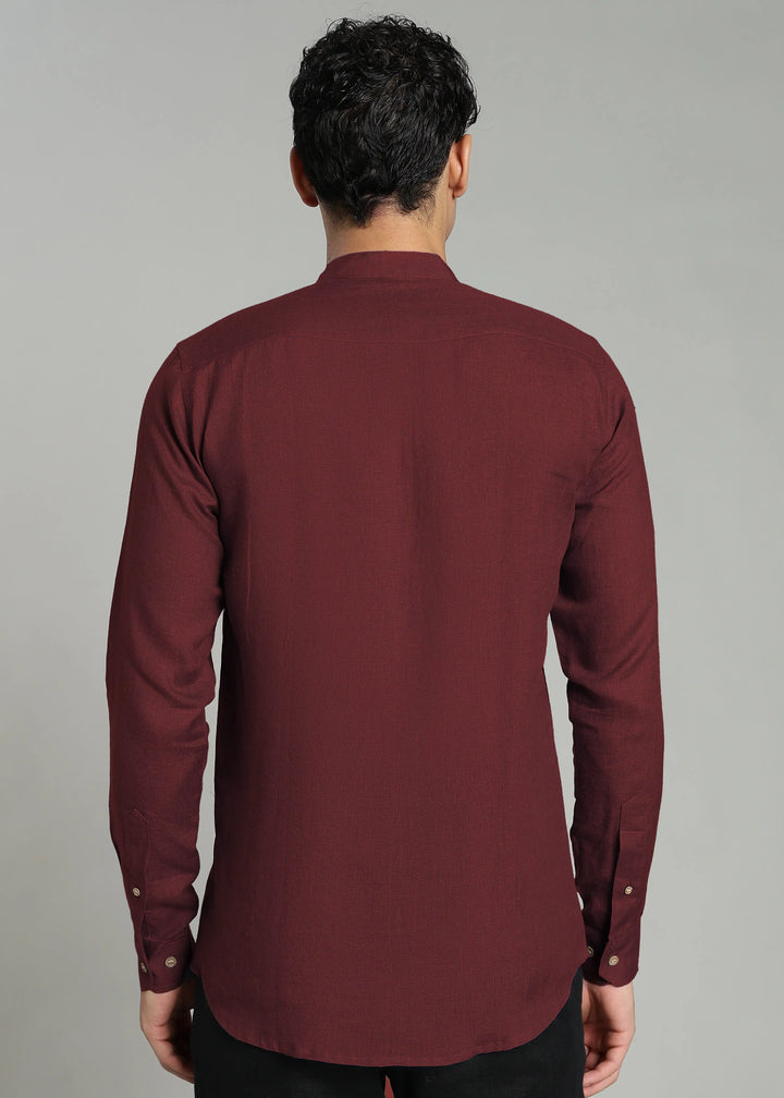 Aaron - Pure Linen Mandarin Collar Full Sleeve Shirt With Front Pocket - Red Wine