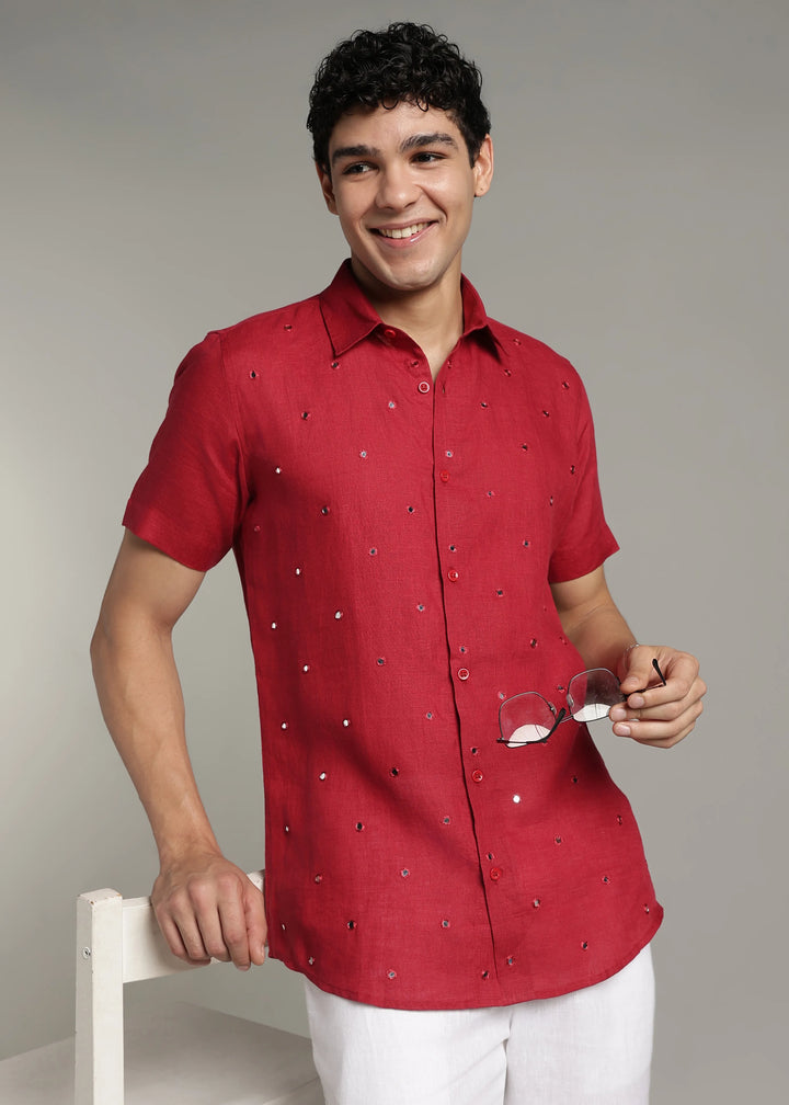 Aaina - Pure Linen Mirror Embroidered Half Sleeve Shirt - Mud Red