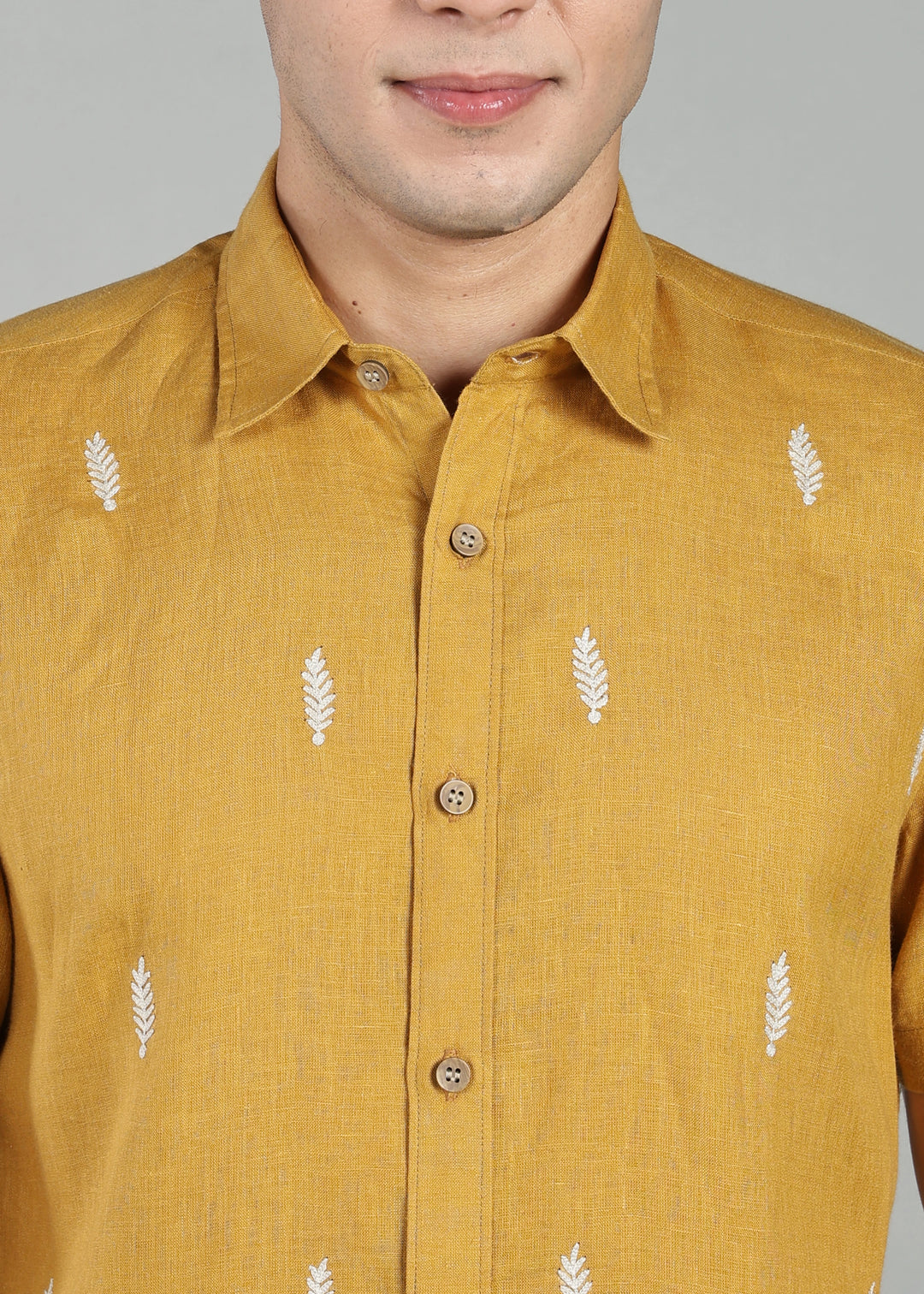 Touch Me Not - Pure Linen Half Sleeve Hand Embroidered Shirt - Sienna Brown