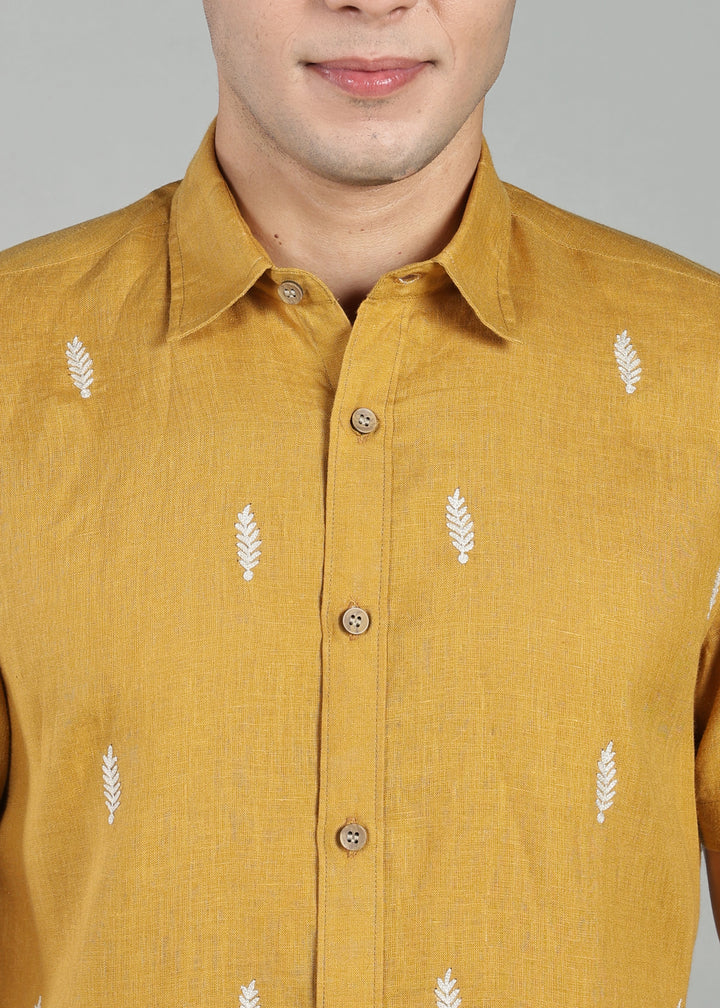 Touch Me Not - Pure Linen Half Sleeve Hand Embroidered Shirt - Sienna Brown