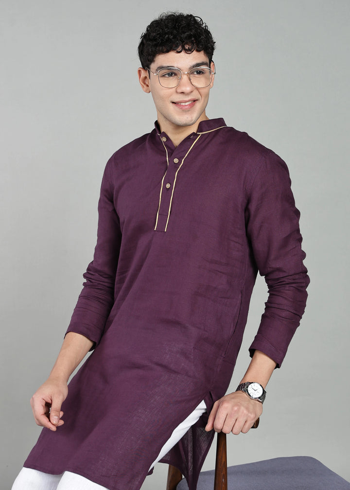 Tantu - Full Sleeve Mandarin Collar Pure Linen Mid Kurta With Kasavu Inset Detail - Dark Purple