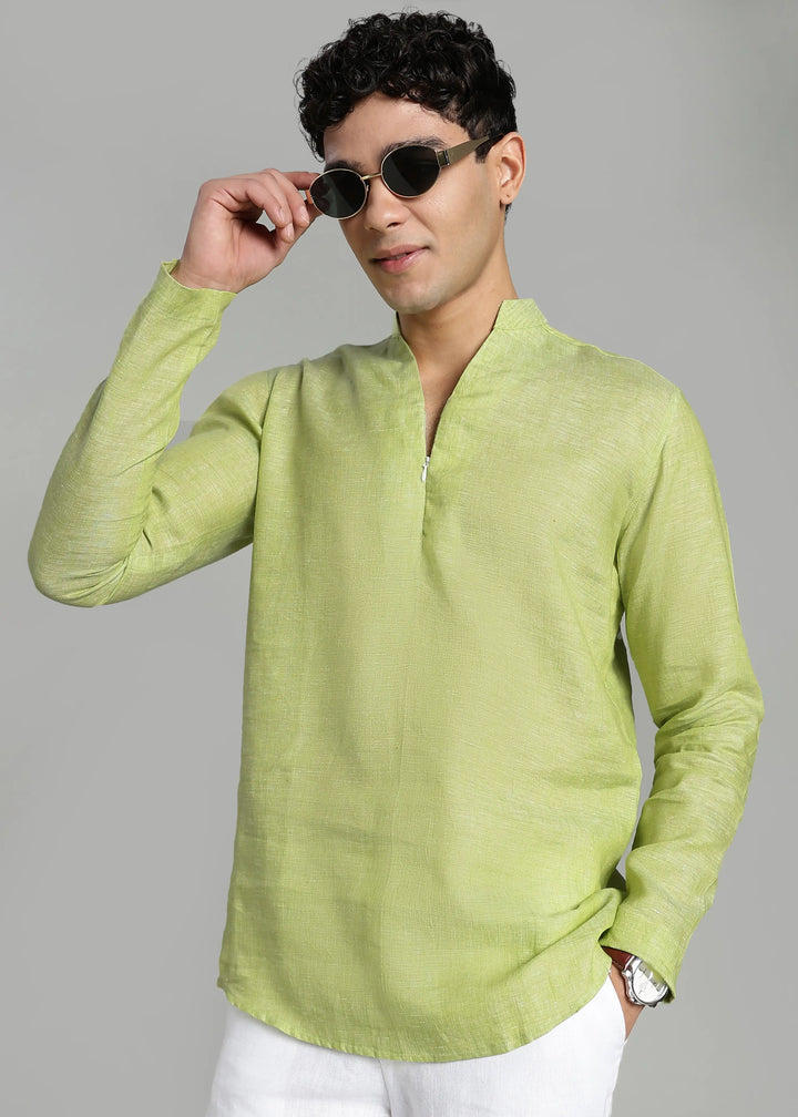 Arnav - Full Sleeve Broad-Notched Collar Pure Linen Short Kurta - Light Green Chambray