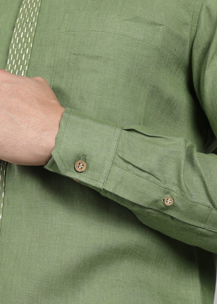 Grove - Full Sleeve Shirt with Hand Embroidered Concealed Placket - Cossack Green