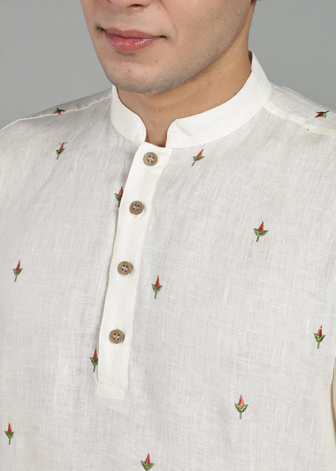 Kathir - Full Sleeve Mandarin Collar Pure Linen Embroidered Mid Kurta - Red on Creme White