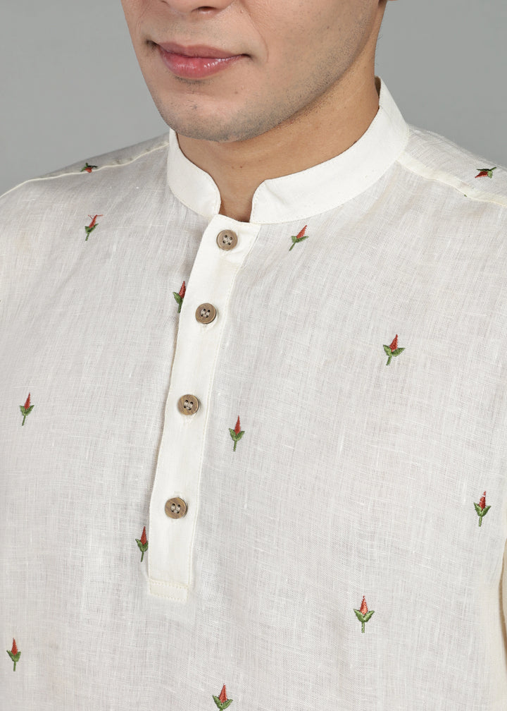 Kathir - Full Sleeve Mandarin Collar Pure Linen Embroidered Mid Kurta - Red on Creme White
