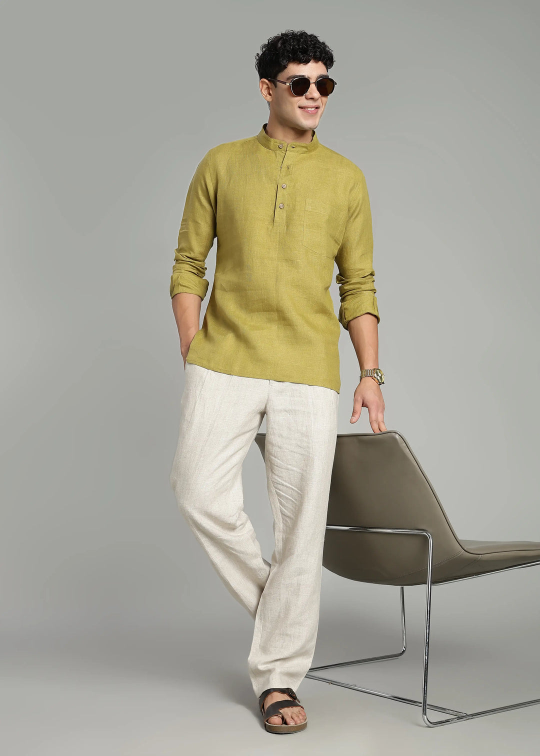 Sap Green Pure Linen Full Sleeve Short Kurta – Linen Trail