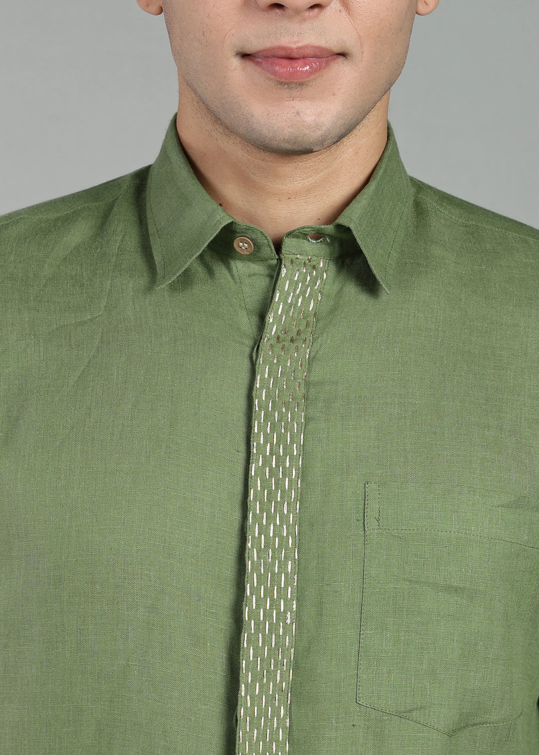 Grove - Full Sleeve Shirt with Hand Embroidered Concealed Placket - Cossack Green