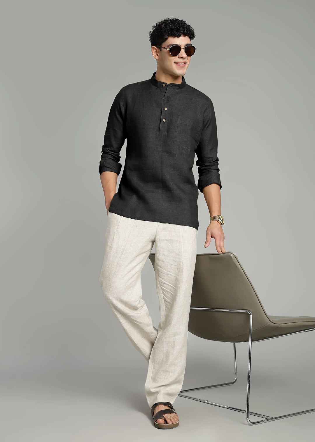 Samir - Pure Linen Full Sleeve Short Kurta Shirt with Cuff - Black