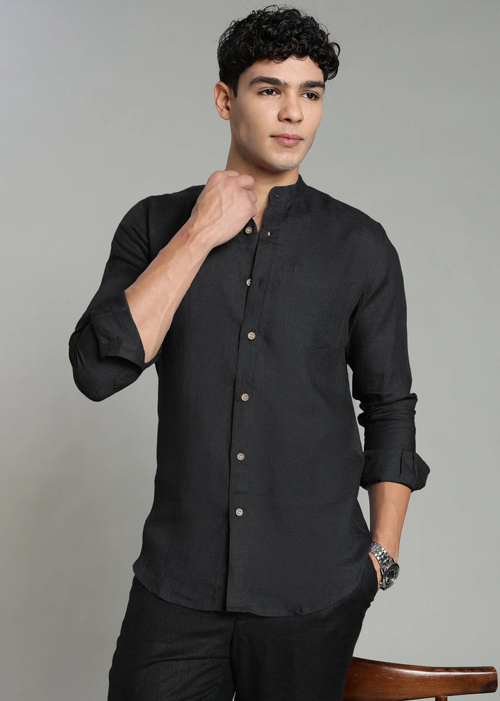 Aaron - Pure Linen Mandarin Collar Full Sleeve Shirt With Front Pocket - Black
