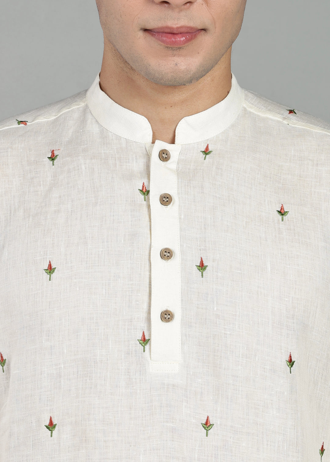 Kathir - Full Sleeve Mandarin Collar Pure Linen Embroidered Mid Kurta - Red on Creme White