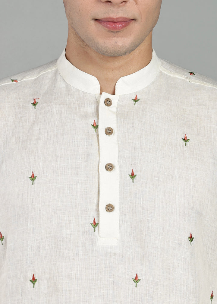 Kathir - Full Sleeve Mandarin Collar Pure Linen Embroidered Mid Kurta - Red on Creme White