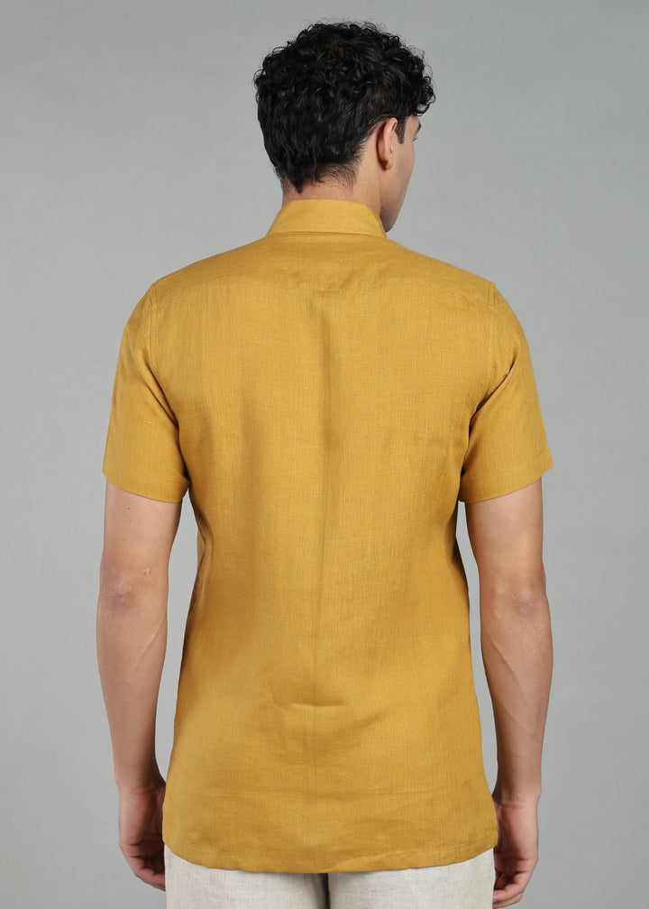 Touch Me Not - Pure Linen Half Sleeve Hand Embroidered Shirt - Sienna Brown