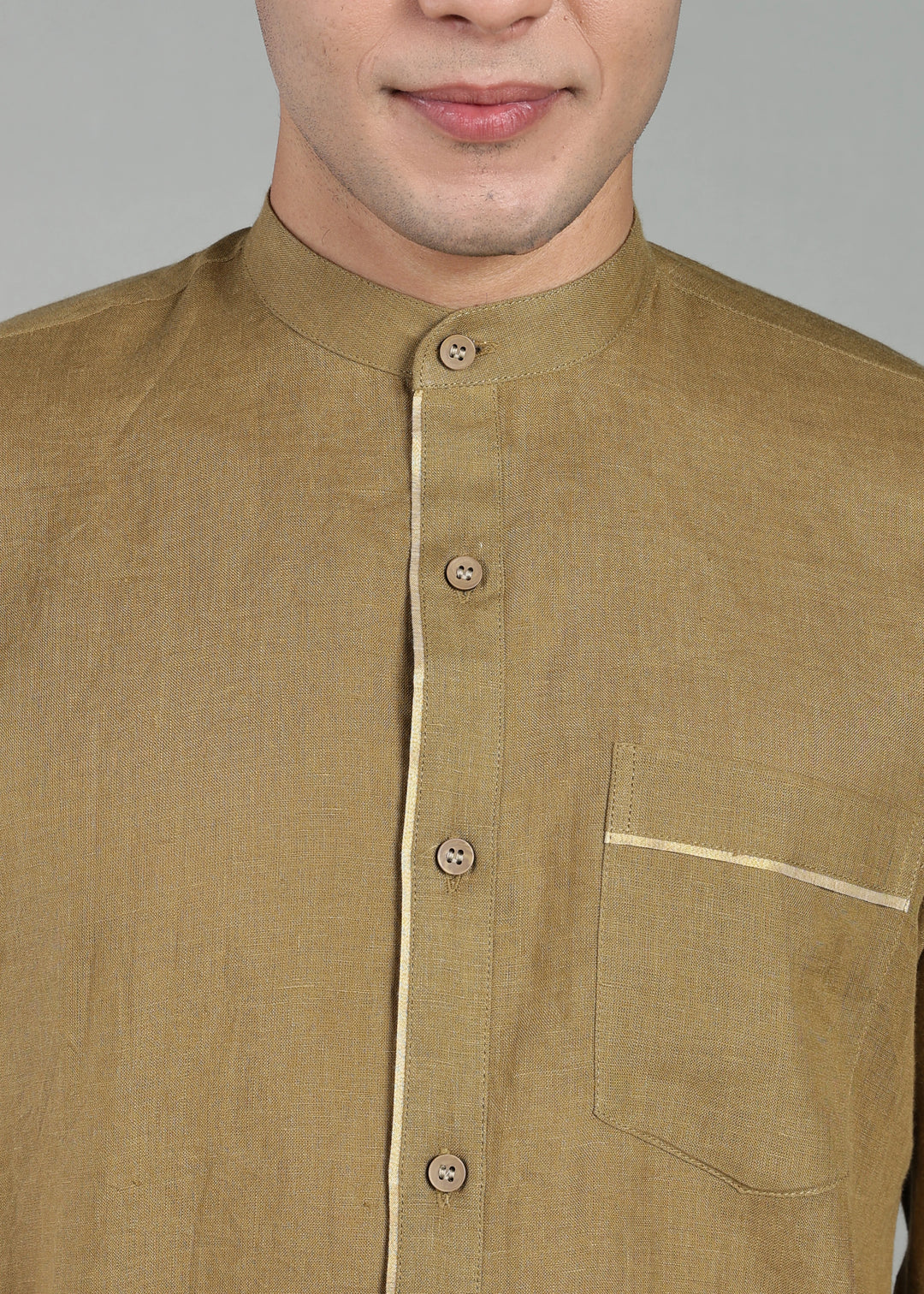 Kiran - Full Sleeve Shirt with Kasavu Inset Detail  - Golden Olive Green