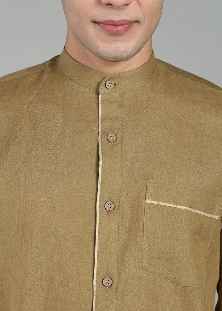 Kiran - Full Sleeve Shirt with Kasavu Inset Detail  - Golden Olive Green