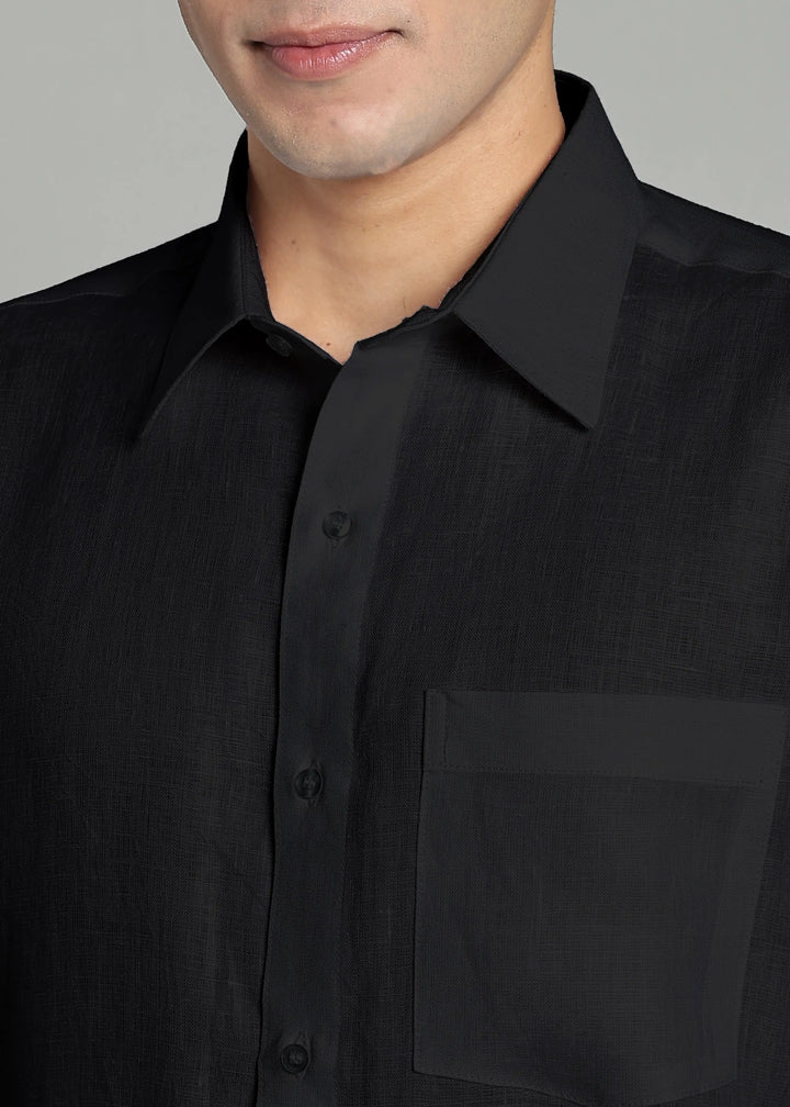 Victor - Pure Linen Full Sleeve Shirt With Box Pleat - Black