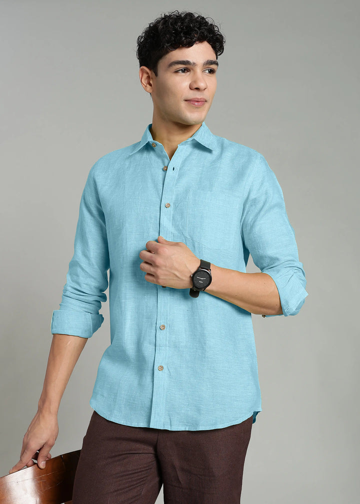 Harvey - Pure Linen Full Sleeve Shirt - Alaskan Blue