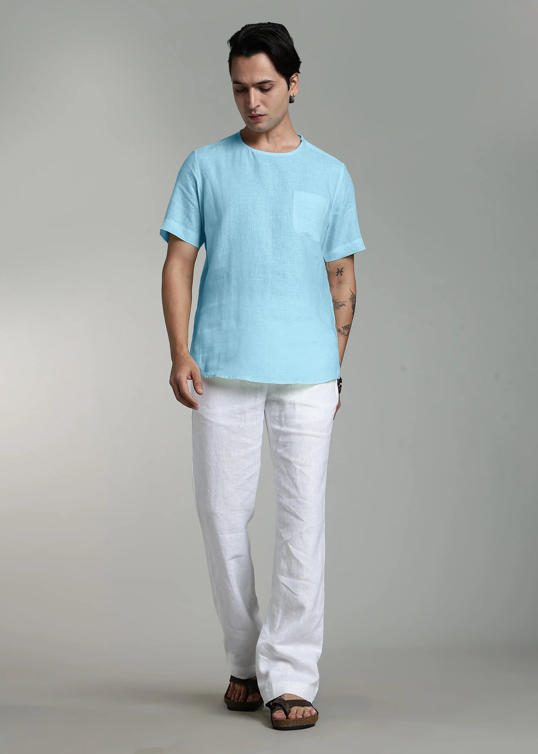 Simon - Pure Linen Stitch Detail Short Sleeve T-Shirt - Alaskan Blue