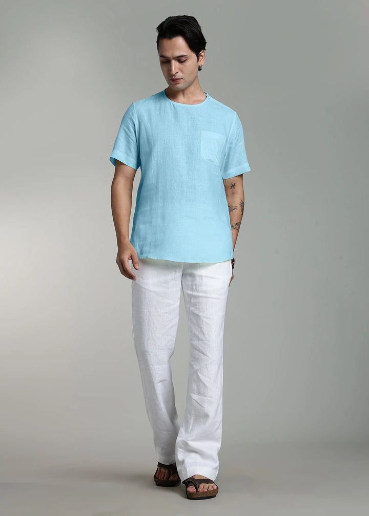 Simon - Pure Linen Stitch Detail Short Sleeve T-Shirt - Alaskan Blue