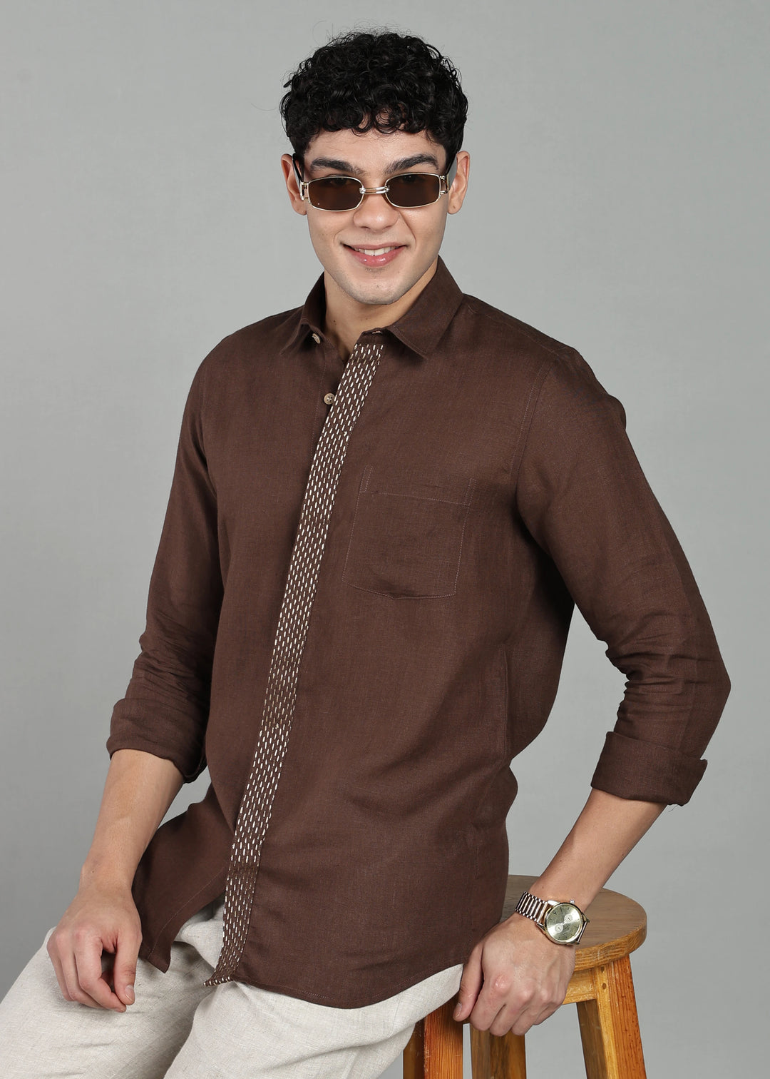 Grove - Full Sleeve Shirt with Hand Embroidered Concealed Placket - Coffee Brown
