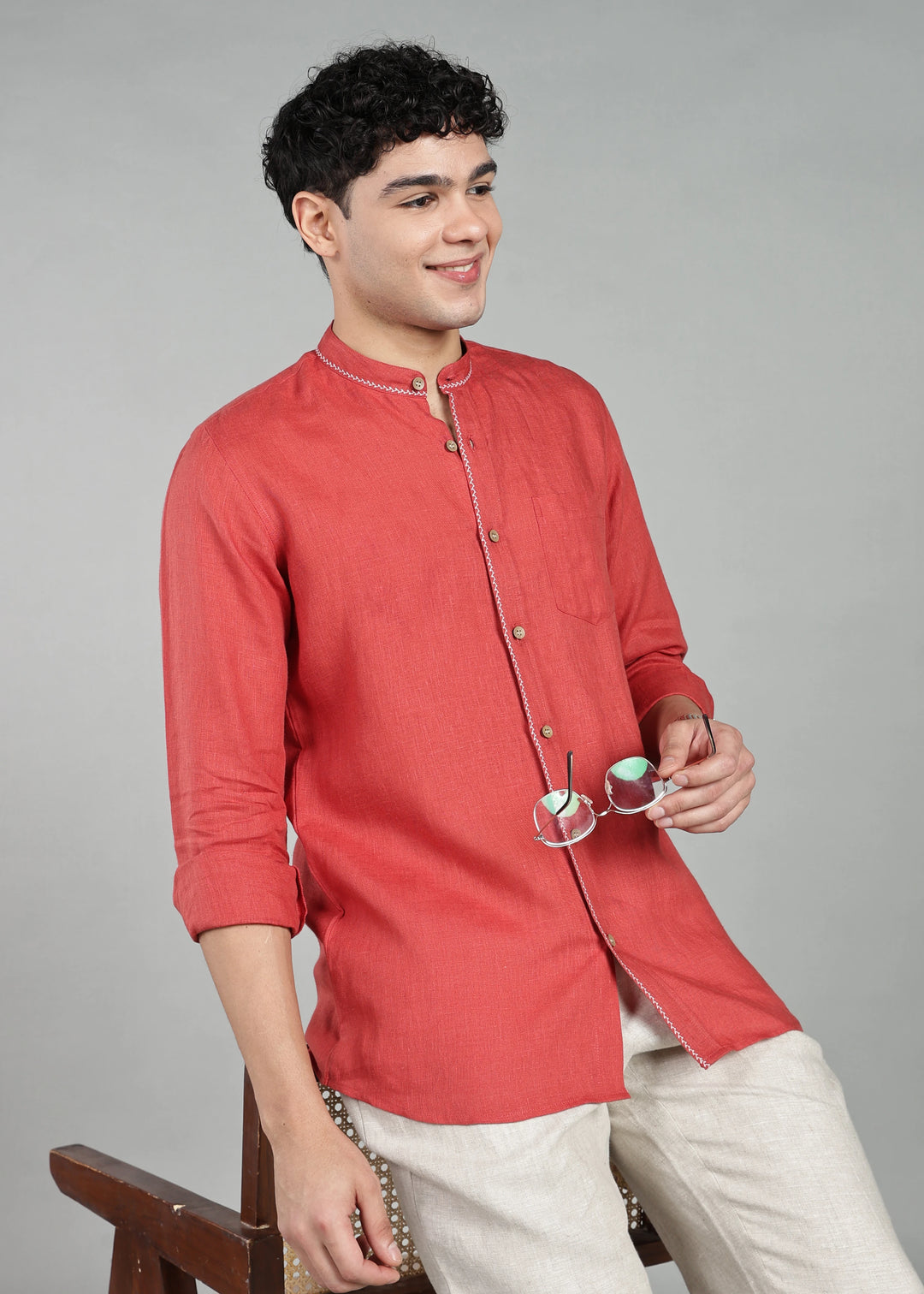 Oram - Pure Linen Full Sleeve Shirt - Terracotta Red