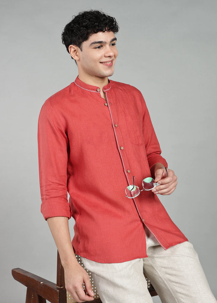 Oram - Pure Linen Full Sleeve Shirt - Terracotta Red